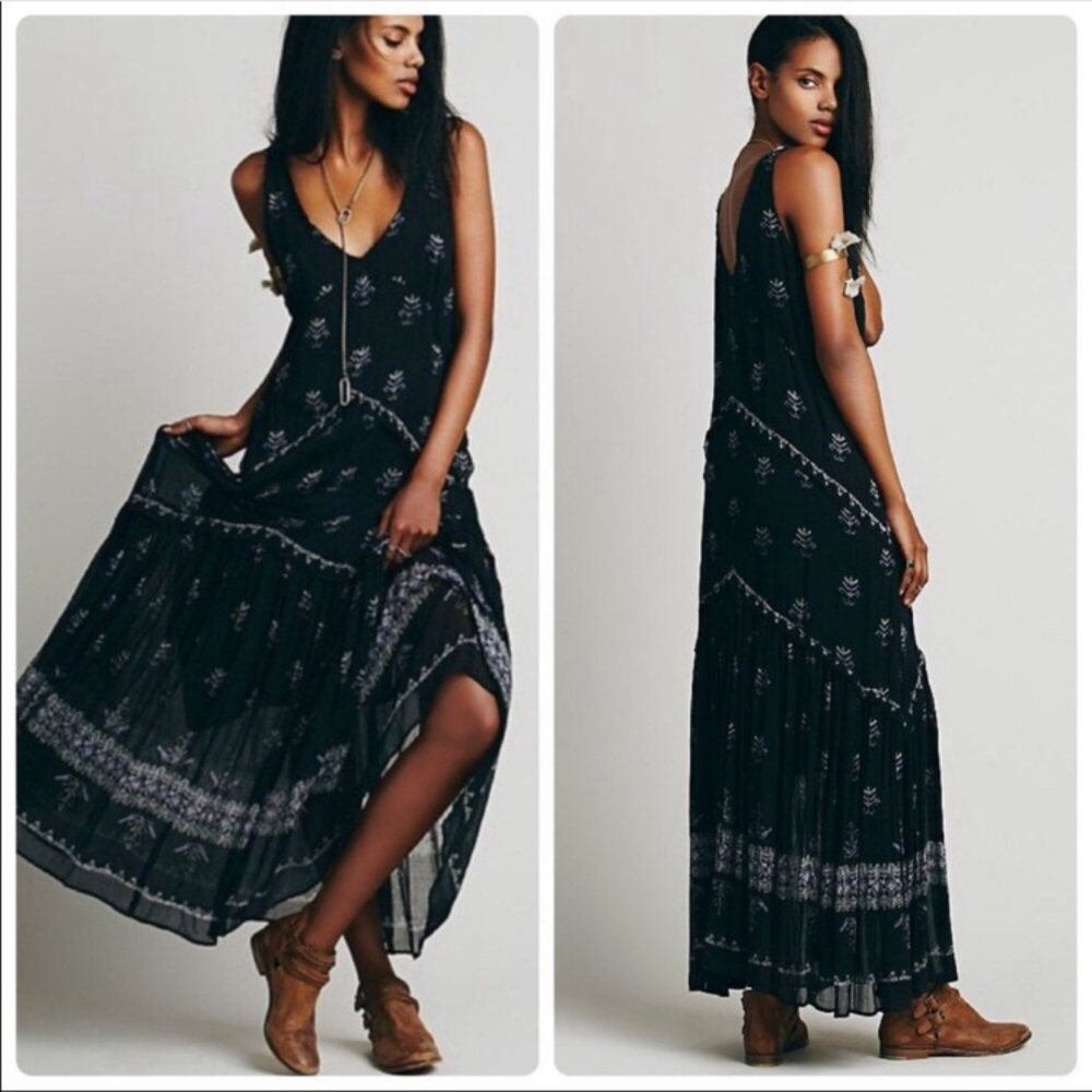 Free People Black Maxi Dress with White Pattern